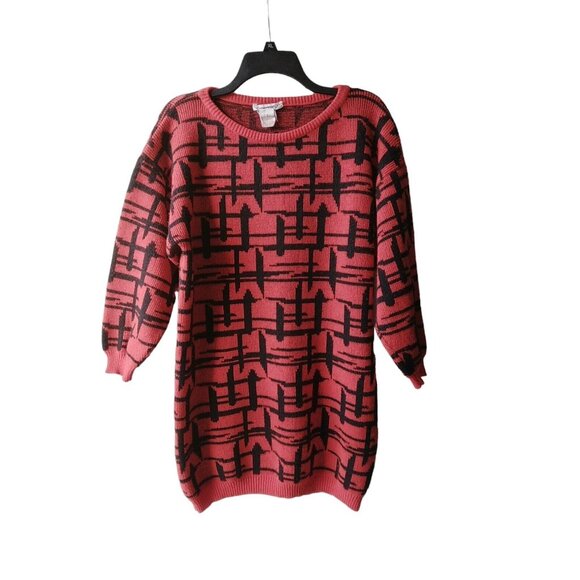 Vintage Sweater 80s Red Black Abstract Long Retro Nostalgia Slouchy - Picture 11 of 12